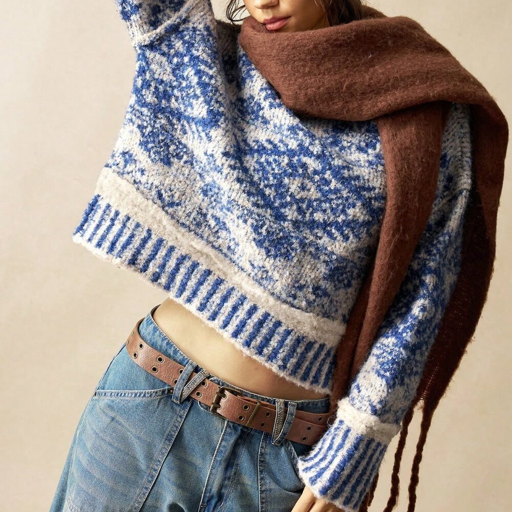 Blue And White Boho Women's Fuzzy Sweater - Picture 3 of 9